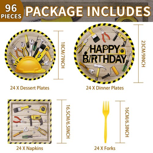Grencian 96 PCS Handyman Tools Party Supplies Handyman Tools Party Plates 350GSM Disposable Handyman Tools Birthday Tableware Set for Little Builder Carpentry Construction Birthday Party, Serves 24