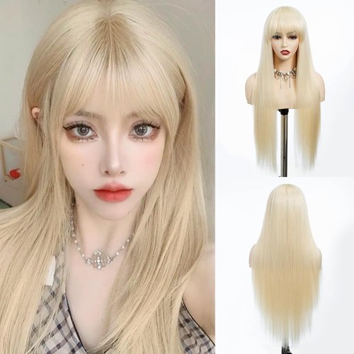 REBECCA STYLE Long Blonde Wig With Bangs Long Straight Blonde Wig Synthetic Heat Resistant Wigs for Women Daily Party Use 30 Inch（Blonde）