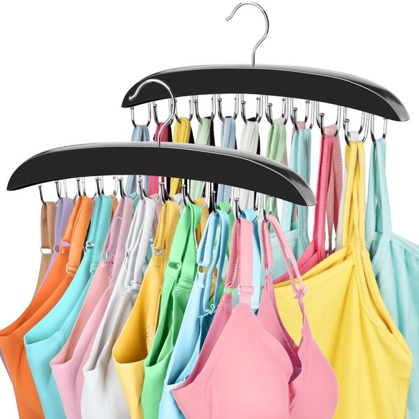 2 Pack Bra Organizer for Closet, 360° Rotating Bra Hanger Space Saving w/20 Foldable Metal Hooks, Tank Top Hanger Closet Organizers and Storage for Camisoles/Tank Tops/Bras/Belts/Scarves Black