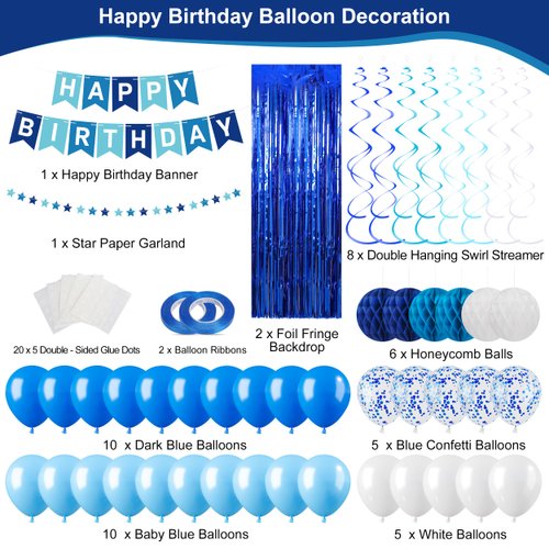 Blue Happy Birthday Party Decorations for Men Boys, Pre-Strung Happy Birthday Sign Banner, Blue Balloons, Fringe Curtain, Tissue Paper Pom Poms, Star Garland, Hanging Swirls for Birthday Party