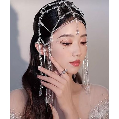 Xerling Transparent Crystal Beads Tassel Cap Headpiece 1920s Flapper Layered Head Chains Wedding Bridal Head Jewelry Cleopatra Hair Accessories for Women