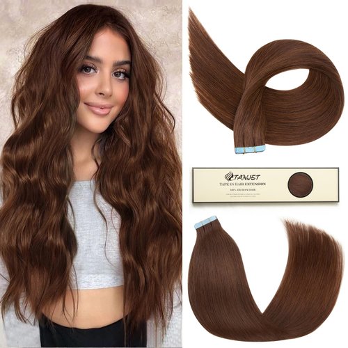 TANJET Tape in Extensions Human Hair 18 Inch 50g/Pack 20pcs Straight Remy Human Hair Tape in Extensions #4 Chocolate Brown Seamless Skin Weft Tape in Human Hair Extensions (#4 18 Inch 20pcs 50g/Pack)