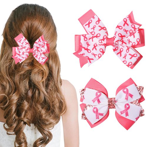 2PCS Breast Cancer Awareness Bows Hair Clips for Women Girls Glitter Pink Ribbon Alligator Barret...