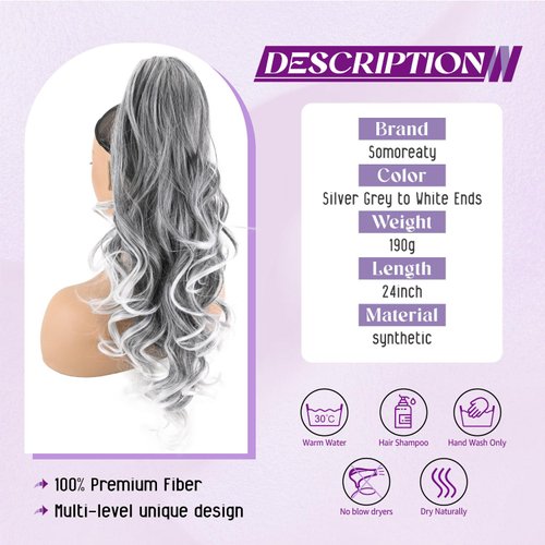 SOMOREATY Ponytail Extension, Claw Clip & Drawstring 2-in-1 Ponytail Extensions Synthetic Hairpiece 24" Long Curly Wavy Layered Hair Extension Pony Tails for Women(Silver Grey to White Ends)