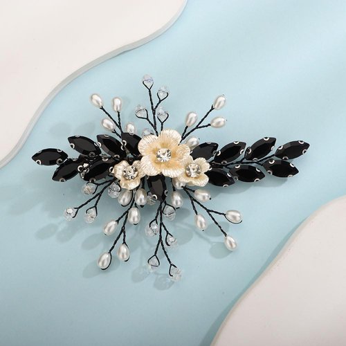 Teyglen Crystal Bridal Hair Clip Wedding Flower Rhinestone Hair Clips Handmade Pearls Crystal Hair Pieces Barrette Wedding Hair Accessories for Bride Floral Black Flower Headpieces for Women Girls