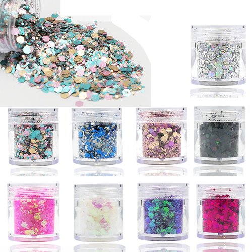 Lifextol 9 Colors Chunky Glitter Sequins 90g Size Mixed Resin Hexagons Crafts Fine Glitter Iridescent DIY Nail Sequins for Face body Makeup Resin Accessories(Mixed Color-B)
