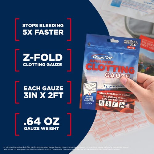 Adventure Medical Kits QuikClot Gauze - Gauze for Emergency Survival Kit, Doomsday Prepping Supplies & More - Stops Bleeding Fast with Kaolin - Flexible Hemostatic Medical Gauze - 3" x 24" (2 Strips)