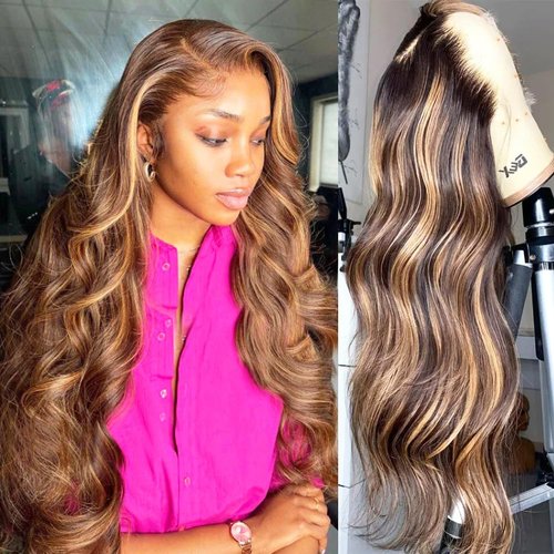 ARIETIS Ombre Lace Front Wigs Human Hair 250 Density 12A Body Wave Honey Blonde Highlight 4/27 13x4 Glueless HD Lace Frontal Wigs for Black Women Pre Plucked Bleach Knots With Baby Hair 28 Inch