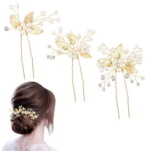 Wedding Hair Clips Gold Leaf Bride Hair Pins Bridal Hair Pieces for Prom 3 Pieces Crystal Pearl Flower Headpiece Vintage Hair Accessories Brides Bridesmaids Wedding Hair Pins for Mother of The Bride