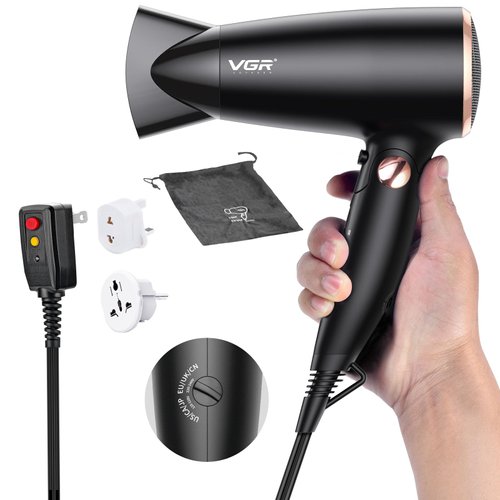 VGR Travel Hair Dryer, 110~250V Dual Voltage Hair Dryer with Concentrator Nozzles, Portable Hair Dryer with European Plug Adapter for International Travel, Europe Travel Essentials for Women
