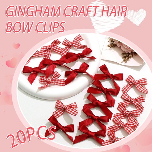 SAWINDA 20PCS Red Mini Hair Bows Gingham Craft Small Bows for Hair Silk Ribbon Hair Bow Clips Cute Bowknot Hair Ribbon Barrettes Hair Clips Accessories for Teens Girls