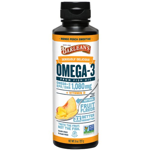 Barlean&#39;s Mango Peach Omega 3 Fish Oil Liquid Supplement with Vitamin D, 1080mg EPA &amp; DHA Fatty A...