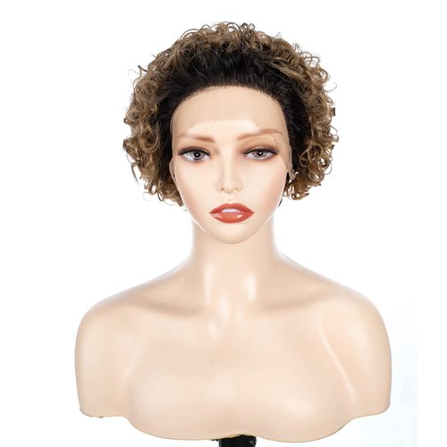 QUEEN VIRGIN REMY QVR Pixie Cut Wig 13x1 Short Curly Lace Front Wigs Human Hair HD Lace Pixie Human Hair Wigs for Black Women Glueless Wigs Ombre Honey Blonde T1B/27 Color