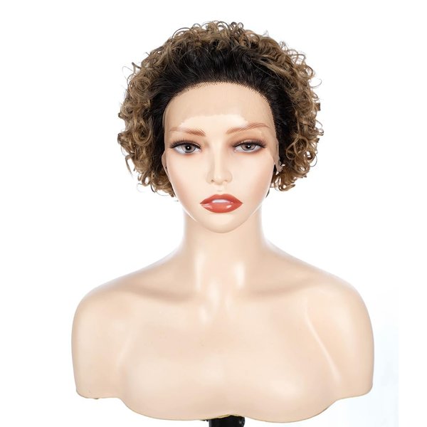 QUEEN VIRGIN REMY QVR Pixie Cut Wig 13x1 Short Curly Lace Front Wigs Human Hair HD Lace Pixie Human Hair Wigs for Black Women Glueless Wigs Ombre Honey Blonde T1B/27 Color