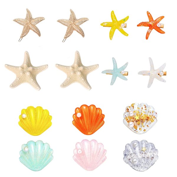 14 pcs Starfish Hair Clip Set, BOSOIRSOU Natural Starfish Hairpin Shell Pearl Acrylic Resin Alligator Hair Clips Metal Sea Star Beach Hair Pins Lady Girls Headwear Accessories