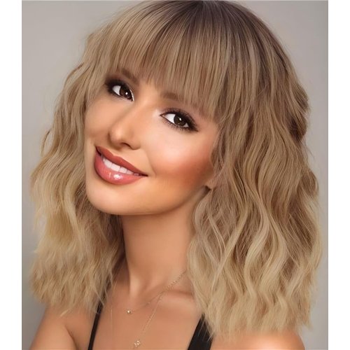 Short Blonde Wigs with Bangs 14Inch Wavy Curly Ombre Blonde Bob Wig for Women Shoulder Length Natural Looking Hair Replacement Wig for Daily Party Use Cosplay Costume Halloween Wig