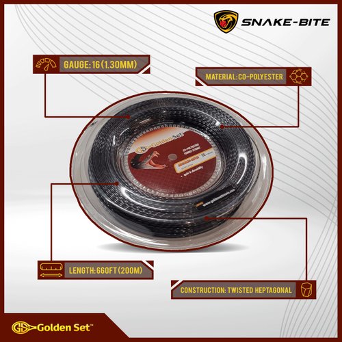 Golden Set Tennis Snake-Bite Polyester Tennis String (Black, 16 Gauge Reel (660ft/200mm)