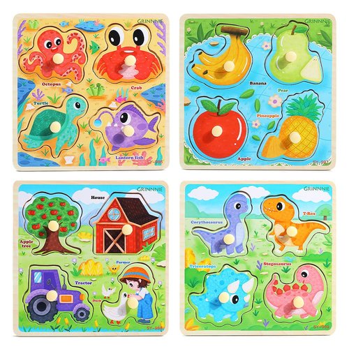 GRINNNIE Wooden Toddler Puzzles, 1 2 3 Years Old Learning Montessori Peg Puzzle Toy Set for Toddlers, 4 Pcs Educational Portable Size Travel Knob Puzzle Toys, Gift for 1-3 Boy Girl Birthday Christmas