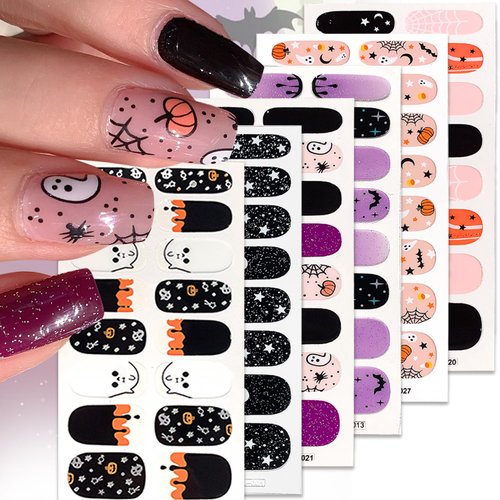 6 Sheets Halloween Nail Art Stickers for Nail Art 3D Halloween Full Nail Wraps Stickers Bat Spider Web Pumpkin Self-Adhesive Nail Polish Strips Designs Ghost Gel Nail Stickers for Manicure Accessories