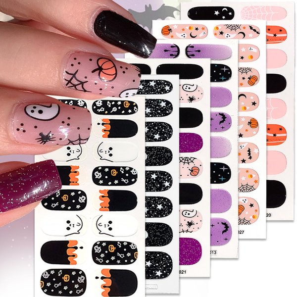 6 Sheets Halloween Nail Art Stickers for Nail Art 3D Halloween Full Nail Wraps Stickers Bat Spider Web Pumpkin Self-Adhesive Nail Polish Strips Designs Ghost Gel Nail Stickers for Manicure Accessories