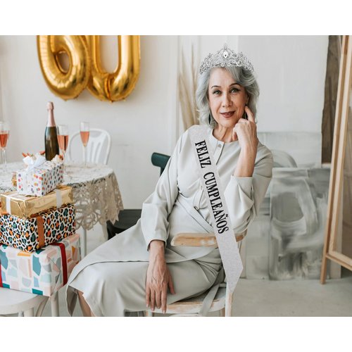 Feliz Cumpleaños Sash&Rhinestone Crystal Tiara,Spanish Happy Birthday banner, Mexican Party Decorations for Women.(Silver)