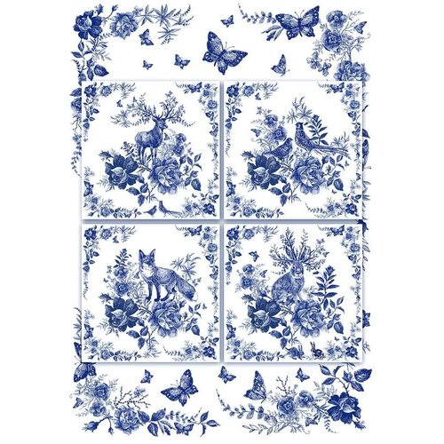 Rice Paper for Decoupage A4 Birds, Butterflies, Dragonfly, Animals (Blue Forest Animals - 2 Sheets)
