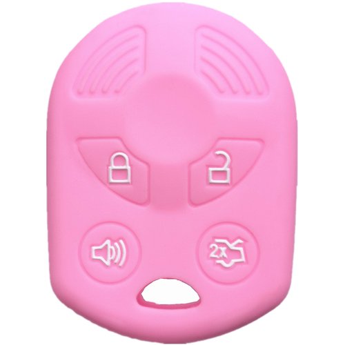 RUNZUIE Silicone Keyless Entry Remote Key Fob Cover Shell Compatible Fit for Ford Escape Explorer Mustang Transit Fusion Focus Lincoln Zephyr Mercury Grand Marquis Pink 4 Buttons