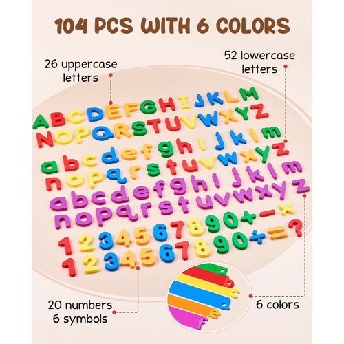 JoyCat 104 Pieces Magnetic Letters Numbers Alphabet Fridge Magnets ABC 123 Preschool Educational Learning Plastic Colorful Toy Set Uppercase Lowercase Math Symbols for Toddlers Kids