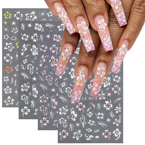 Spring Flower Nail Stickers, 4 Sheets 5D Hibiscus Nail Art Stickers Decals Embossed White Pink Elegant Floral Petal Wavy Line Strip Tropical Leaf Nail Supplies for Women Spring Nail Design Decoration