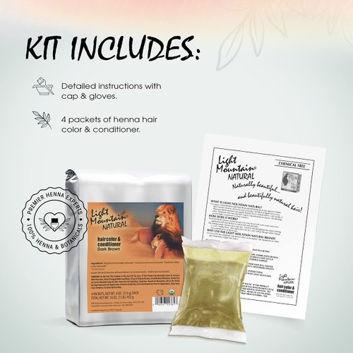 Light Mountain Henna Hair Color & Conditioner, Bulk 1 Pound – Dark Brown Hair Dye, Organic Henna Leaf Powder and Botanicals, Chemical-Free, Semi-Permanent Hair Color + 4 Hair Clips