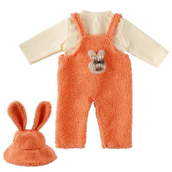 BABESIDE 3 Pcs Reborn Baby Doll Clothes Set for 17-22 Inch Dolls, Cute Bunny Pattern Baby Doll Clothes Doll Overalls with Doll Bucket Hat for Newborn Baby Doll Girls & Boys, Orange