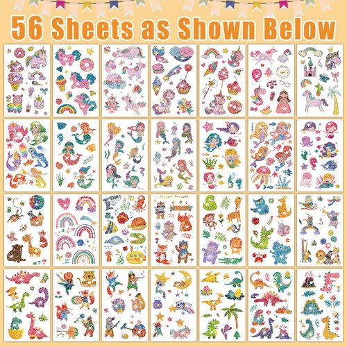 Partywind 670 Mixed Styles (56 Sheets) Glitter Kids Tattoos, Surprise Party Supplies Favors with Dinosaur/Mermaid/Space, Goodie Bag Stuffers Birthday Games Prizes for Boys Girls