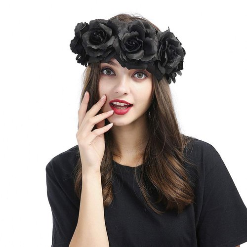 Catery Black Flower Headband Wreath Flower Crown Gothic Rose Head Bands Day Of The Dead Wedding Festivals Photo Props Party Halloween Flower Headpiece Hair Accessories for Women and Girls