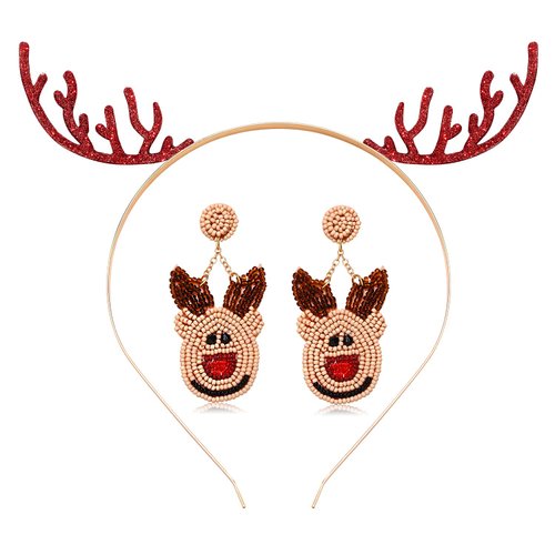 YAHPERN Christmas Holiday Headbands, Xmas Bow Reindeer Snowflake Hairbands with Beaded Christmas Earrings for Women, Festive New Year Christmas Party Favors Gifts (Reindeer Set)