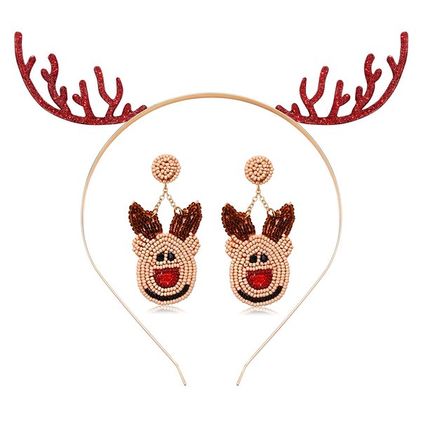 YAHPERN Christmas Holiday Headbands, Xmas Bow Reindeer Snowflake Hairbands with Beaded Christmas Earrings for Women, Festive New Year Christmas Party Favors Gifts (Reindeer Set)