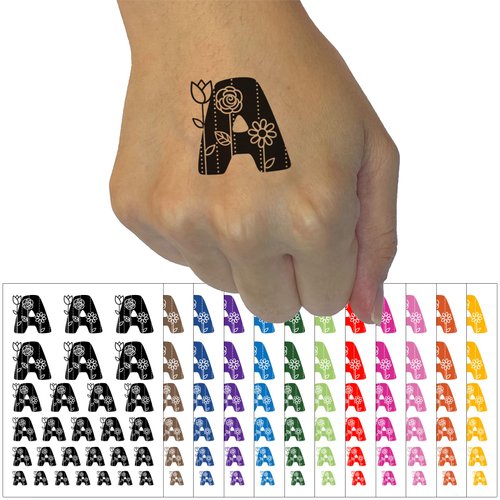 Sweet and Cute Flowers Rounded Block Letter A Temporary Tattoo Water Resistant Fake Body Art Set Collection - Red (One Sheet)