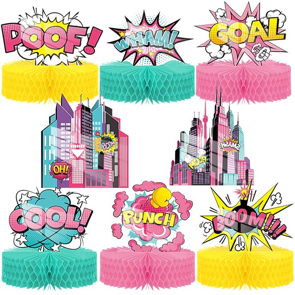 8 Pcs Hero Girl Party Supplies Hero Honeycomb Action Sign Pink Table Topper Centerpiece Paper Cardboard Cutouts for Happy Birthday Baby Girl Shower Party Favor