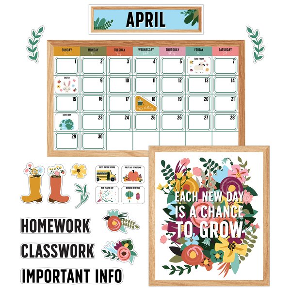 Carson Dellosa Grow Together 134PC Classroom Calendar Bulletin Board Set, Monthly Calendar, Motivational Poster, Flower, Plant, Holiday & Birthday Bulletin Board Accents for Bulletin Board, Wall Decor