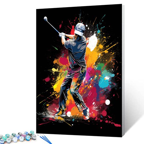 Graffitic Sportmen Oil Paint by Numbers for Adults Kids Sport Golf Digital Painting Kits for Beginner Oil Pictures Men is Golfing Paintwork Home Room Decor 16''Wx20''H Nordics Gift（DIY Frame）