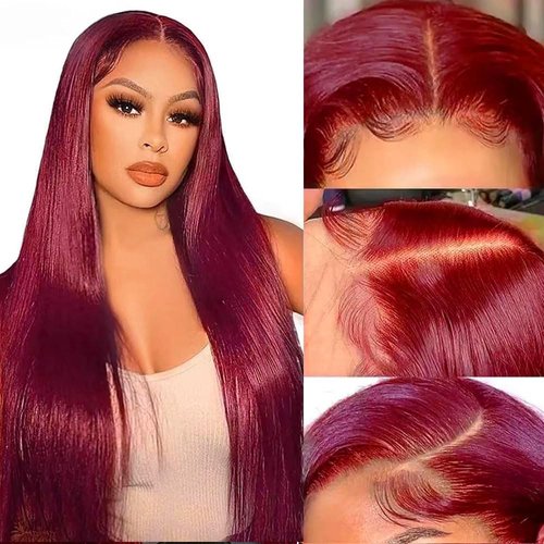 serwell 99J Burgundy Lace Front Wigs Human Hair 26 Inch 13x4 HD Transparent Straight Lace Front Wigs Human Hair Pre Plucked Wine Red Colored Glueless Frontal Wigs Human Hair for Women 180% Density