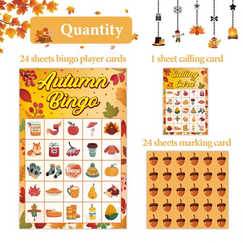 JUESMOS Fall Bingo Game 24 Players Autumn Bingo Cards Fall Thanksgiving Party Games for Adults Family Activity Autumn Bingo Harvest Game Party Favors Classroom School Supplies