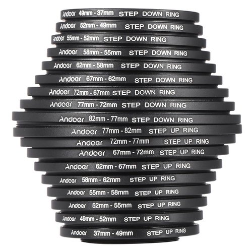 Filter Ring Adapter, Andoer 18pcs Camera Lens Filter Metal Adapter Ring Kit (9pcs Step Up Set & 9pcs Step Down Ring Set)