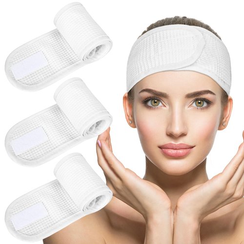 Whaline 3Pcs Spa Facial Headband White Head Wrap Terry Cloth Waffle Adjustable Makeup Headband for Bath Sports Washing Face Shower