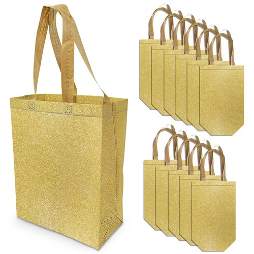 OccasionALL 10x5x13 12 Piece Gold Gift Bags with Handles, Glitter Gift Bags for for Small Business, Retail, Boutique, Wedding, Birthday, Christmas