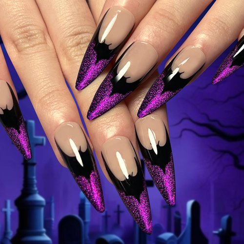 24 Pcs Halloween Nails Stiletto Press on Nails Long Almond Fake Nails Dark Purple RIICFDD False Nails with Bat Pattern Designs Artificial Glossy Full Cover Glue on Nails for Women Girls French Nails