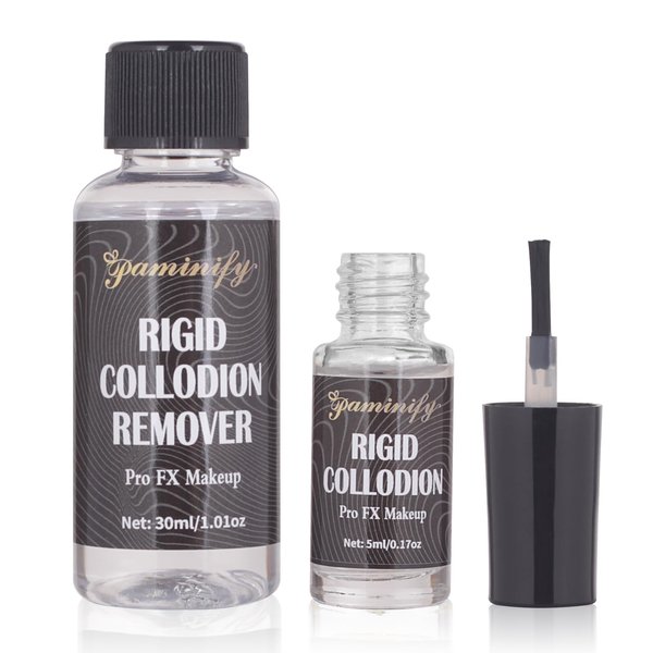 Paminify Rigid Collodion and Remover Kit,SFX Makeup Scarring Liquid with Brush,Liquid Scar Makeup,Special Effects Fake Scar for Halloween,Cosplay, Costume,5 ml+30 ml