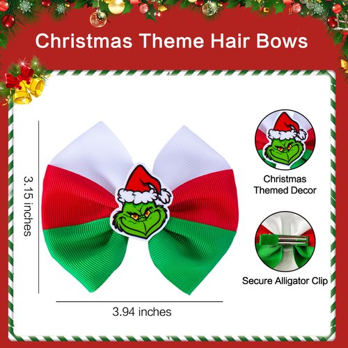 Christmas Hair Bows Green Monster Hair Clips for Girls Kids Handmade Grosgrrain Hair Bow Clip Grosgrain Ribbon Bows XMAS Hair Accessories for Christmas Party Decor, Red & Green & White
