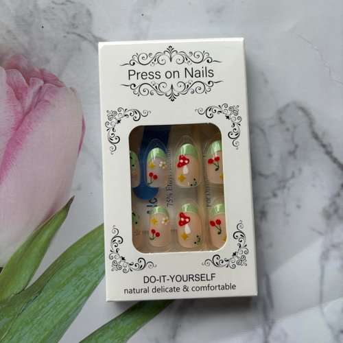 French Tip Press on Nails Pink Fake Nails Short Almond False Nails with Cute Frog Tip Designs Nude Pink Glue on Nails Cherry Flower Stick on Nails Full Cover Summer Acrylic Nails Cute Artificial Nails