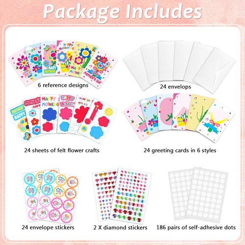 24 Sets Mother's Day Flower Craft Kit for Kids DIY Flower Card Making Kit 3D Mother's Day Flower Greeting Card for Kids Happy Mother's Day Card Making Set Lovely Gift for Mom Home School Activities