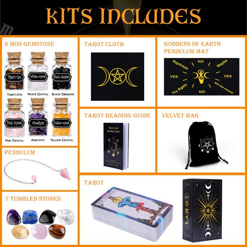 YixangDD Tarot Cards with Guide Book 18 Pcs Include 1 Deck of 78 Cards 、6 Mini Crystal Jars，7 Chakra Stones,1 Spirit Pendulum，1 Cloth ，1Goddess of Earth Pendulum mat，1 Velvet Bag